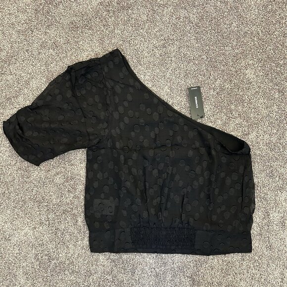 Express Women’s Polka Dot One Shoulder Banded Bottom Top Black Size XS NWT $68 - Picture 9 of 16